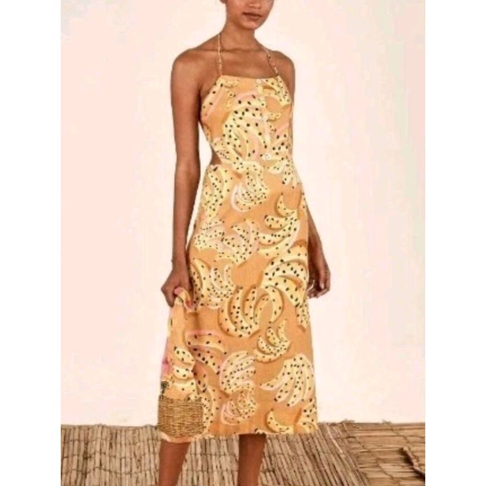 Farm Rio Womens Tan Yellow Caramel Raining Banana Linen Midi Dress Size XS